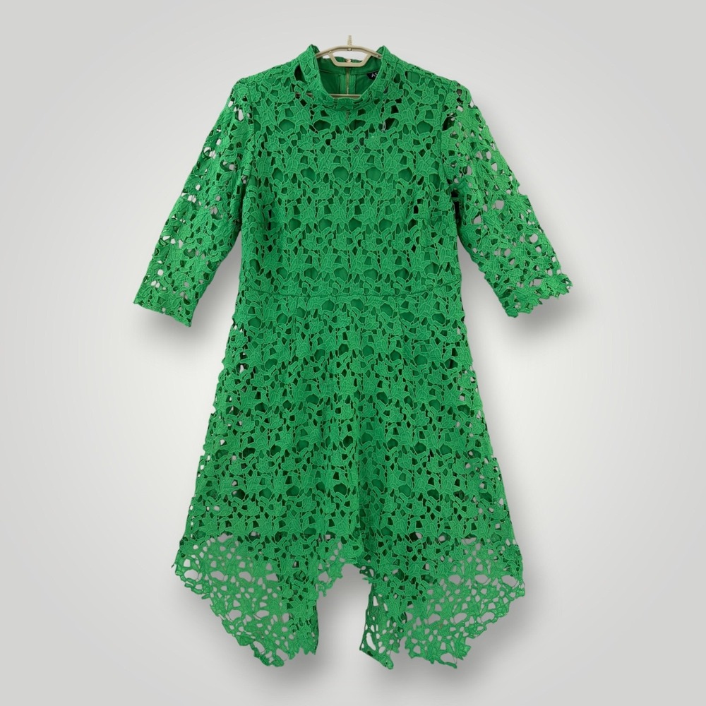 NEW Ashro Dress Womens 18W Green Lace Fit & Flare Maxi 3/4 Sleeve Belted Party